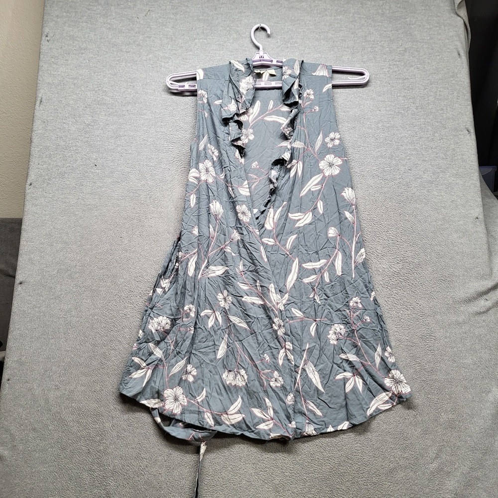 Roxy Women Dress L Blue Floral Rivello With You Wrap Ruffle V-Neck Tie